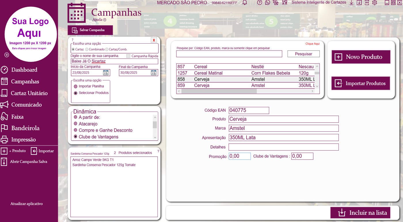 Tela de Campanhas do Sicartaz: criação, importação e seleção de produtos.