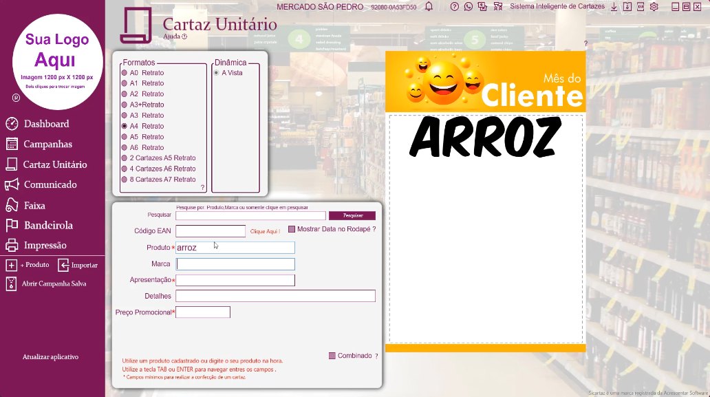 Tela de Cartaz Unitário: escolha de formatos e preenchimento de produto.